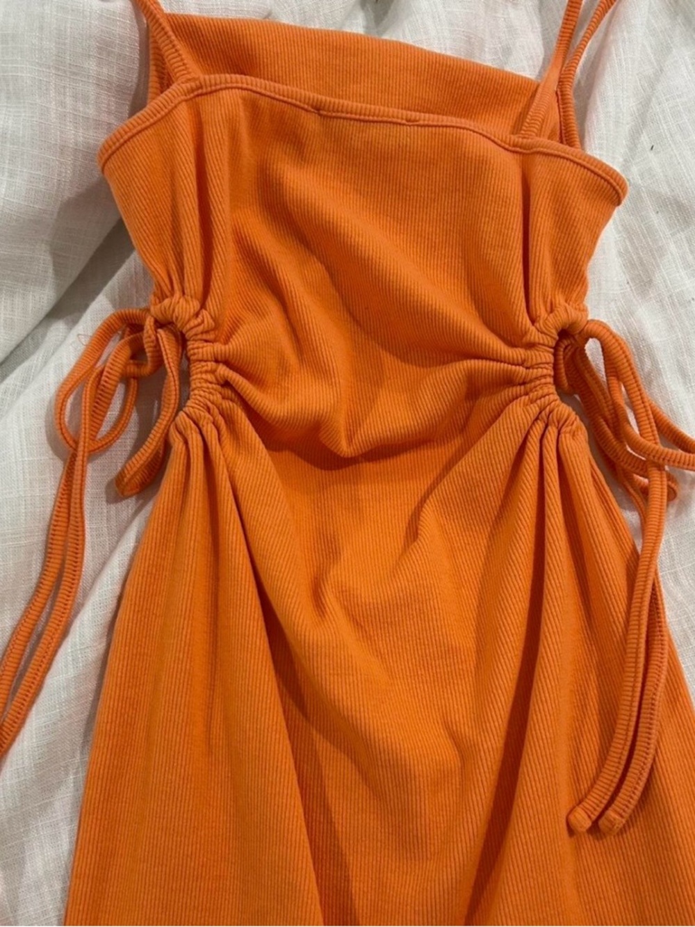 Zara Bright Orange Ribbed Ruched Mini Dress Size Small - Picture 3 of 7